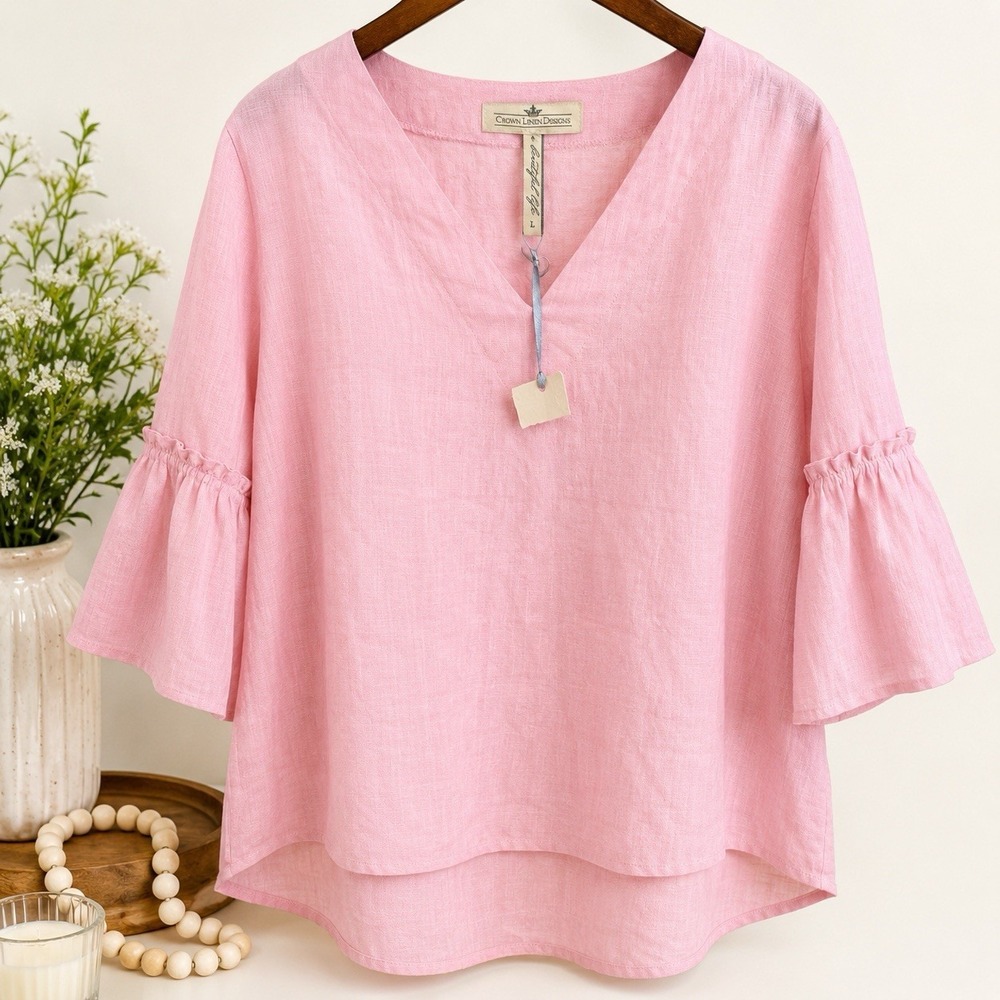 Crown Linen Designs 100% Linen Pink Bell Sleeve V Neck Blouse Women's L NWT